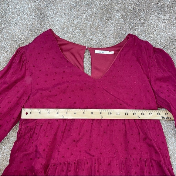 Mi Amore Dress swiss dot long puff sleeve tiered lined elastic waist SZ SM wine - Picture 5 of 12